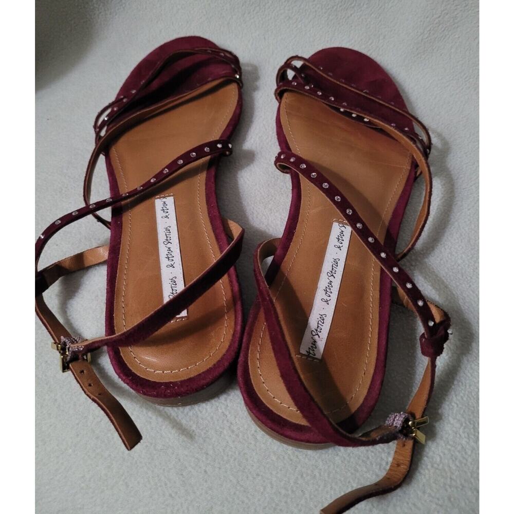 & Other Stories Sz 39 Studded Ankle Strap Sandals Purple Plum Velvet Suede - Picture 6 of 9